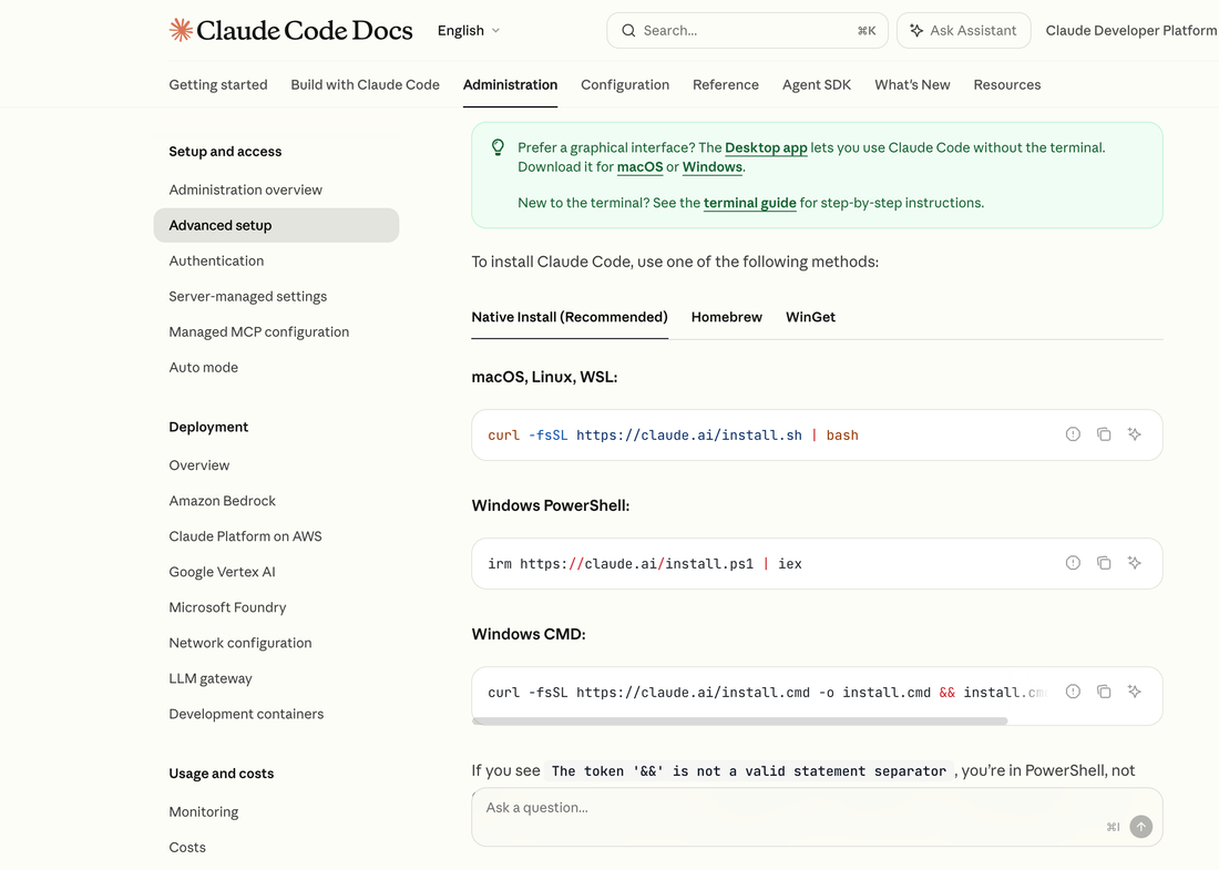 Claude Code 官方文档的安装页：macOS / Linux、PowerShell、CMD 三套安装命令