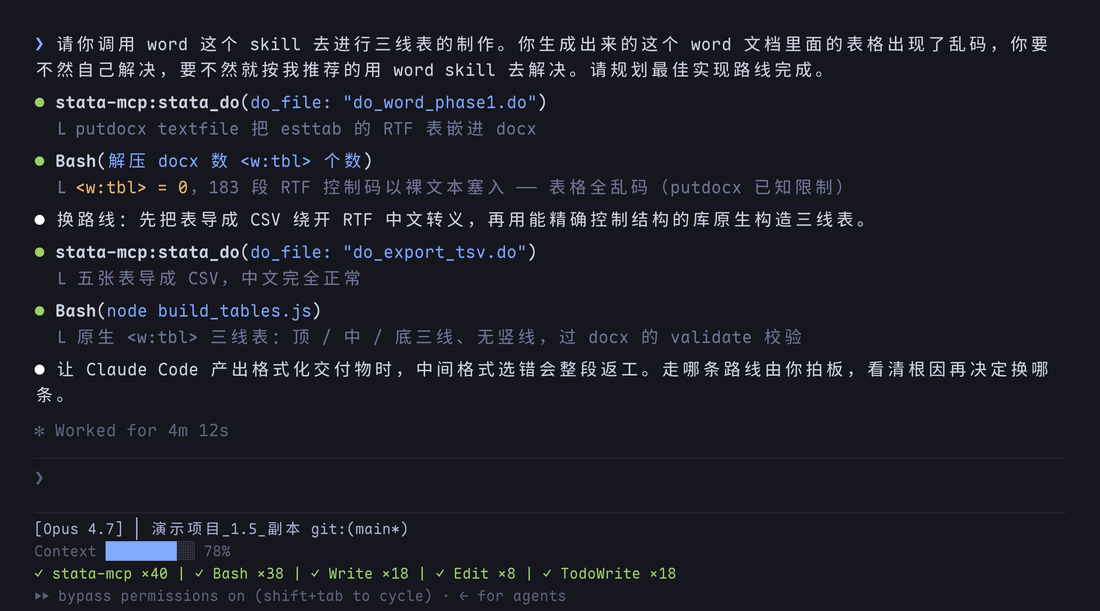 Claude Code 导三线表 Word：putdocx 嵌 RTF 导致表格乱码、w:tbl 个数为 0，换成先导 CSV、再用 docx 库原生构造三线表，过校验